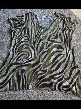 Dress Barn Olive Green and Black Zebra Print V-Neck Top with Rhinestones
